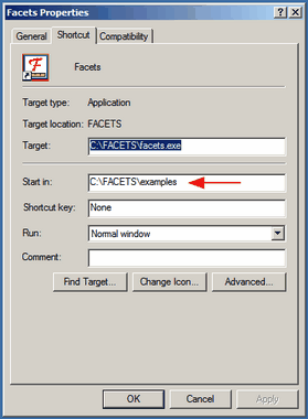 Facets shortcut dialog box